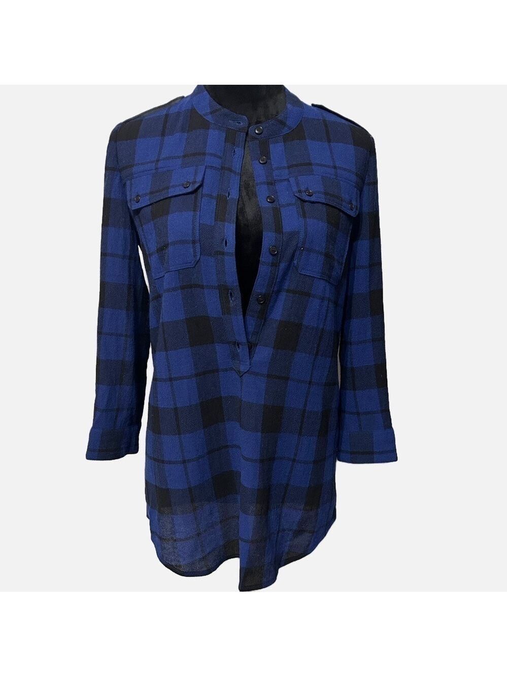 Burberry Brit Women Shirt Tunic Plaid XS Blue Black Pockets Button Closure